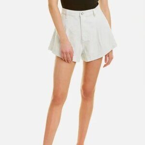 Cream White Bell Flare High Waisted Twill Mini Shorts with Pleats & Pockets